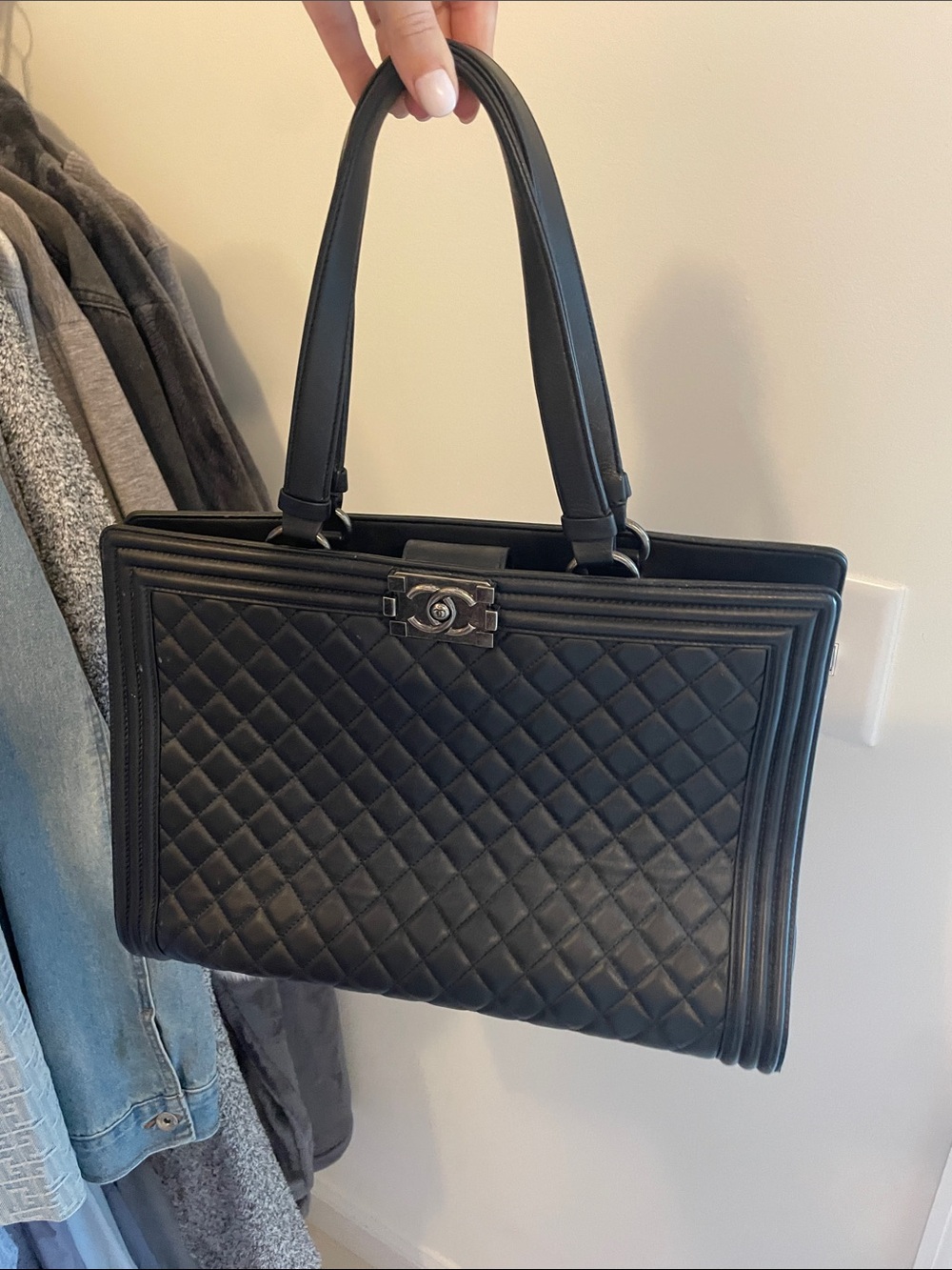 CHANEL Black Quilted Leather Structured Top-Handle Tote